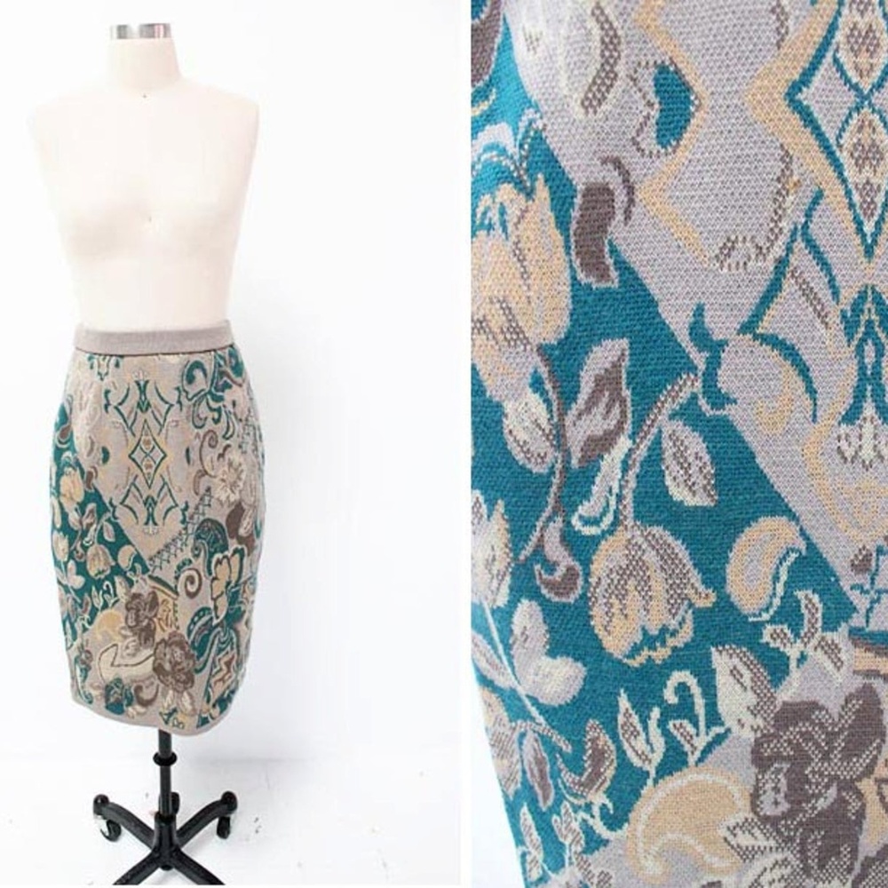 Vtg Japanese Grey Wool Floral Pencil Skirt - M